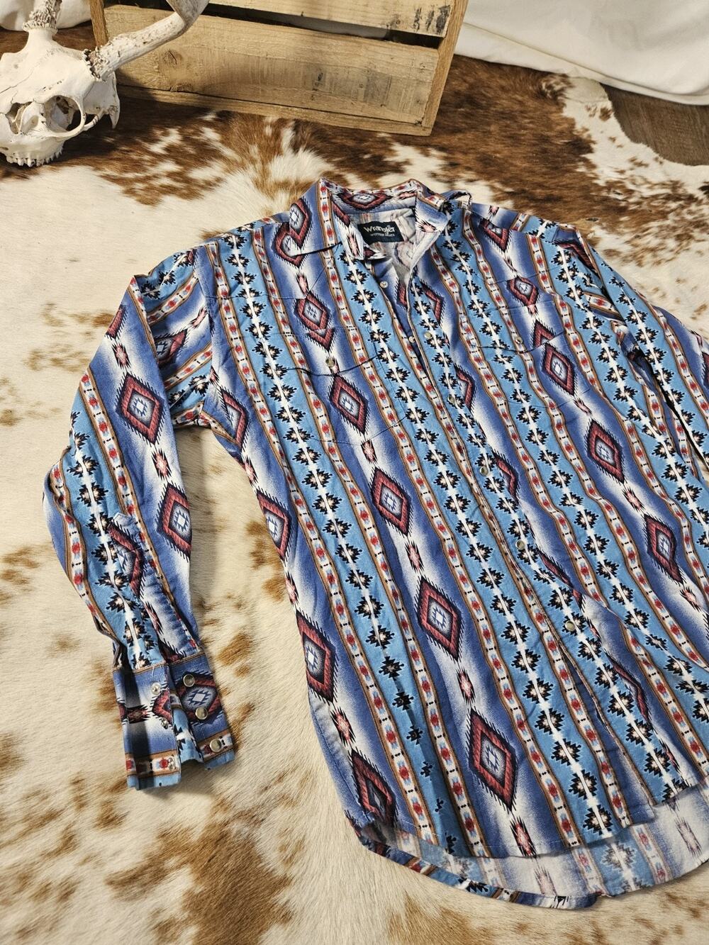 Wrangler Western Shirt Mens Medium Pearl Snap Blue Aztec Southwestern